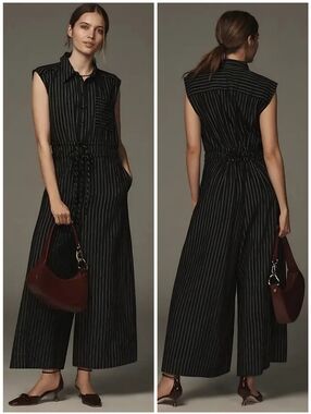 Anthro Maeve Striped Black White Wide Leg Jumpsuit, S